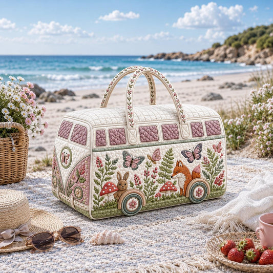 Woodland Camper Quilted Weekend Bag — Fox Rabbit Mushroom Cottagecore Duffel