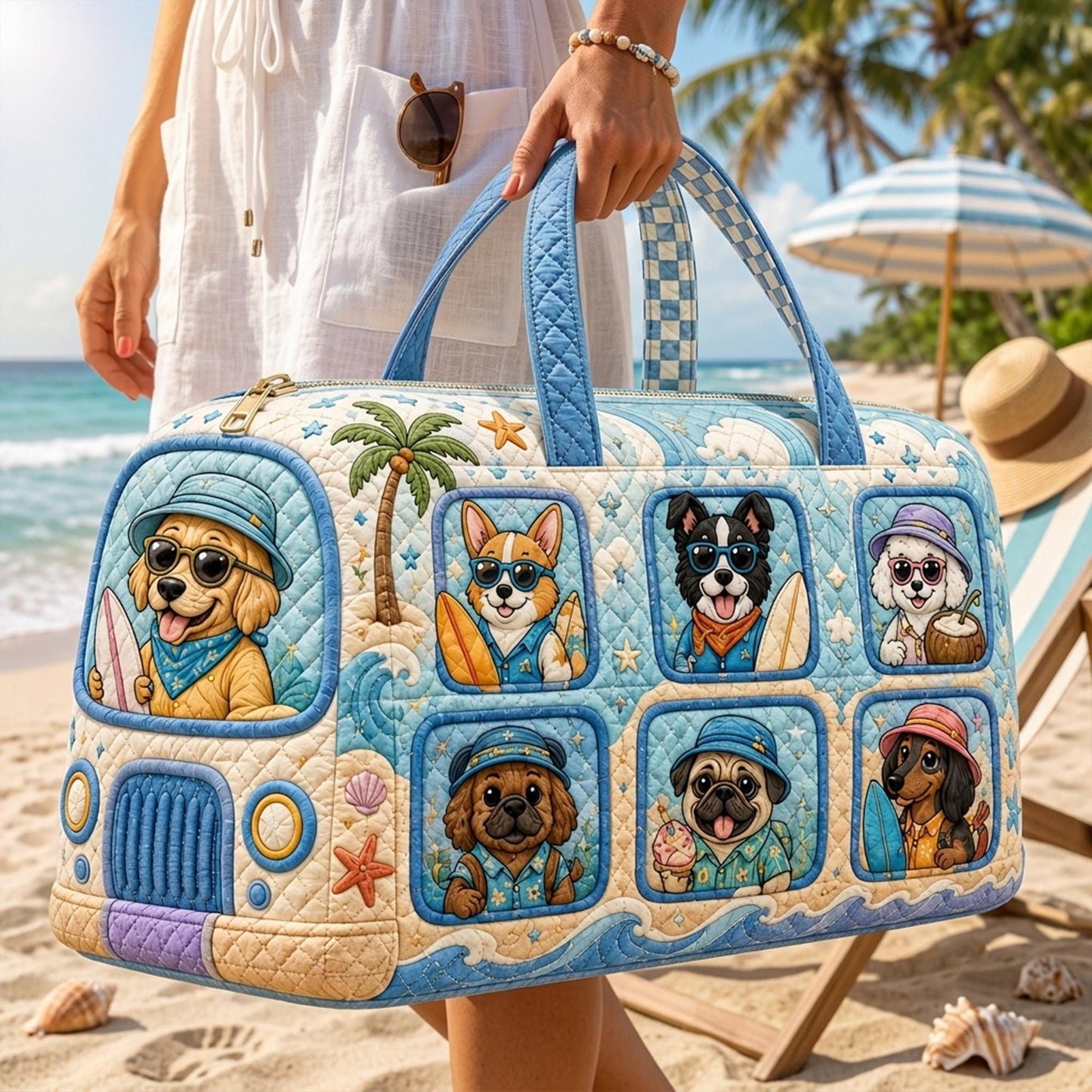 Dog Beach Quilted Weekend Bag — Coastal Surfing Puppy Travel Duffel