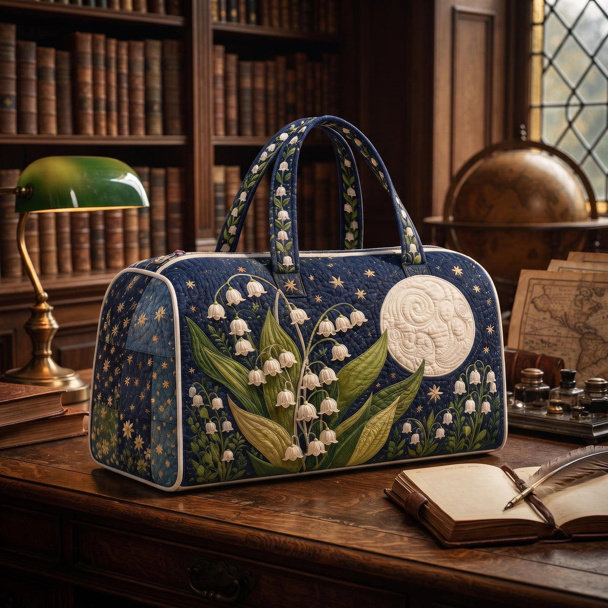 Quilted Weekender Bag, Travel Duffel Bag, Overnight Travel Tote, Floral Moon Night Bag, Lily Of The Valley Print, Gift 2026, Boho Travel Bag