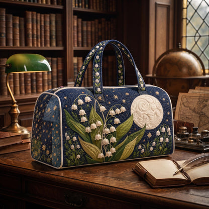Quilted Weekender Bag, Travel Duffel Bag, Overnight Travel Tote, Floral Moon Night Bag, Lily Of The Valley Print, Gift 2026, Boho Travel Bag