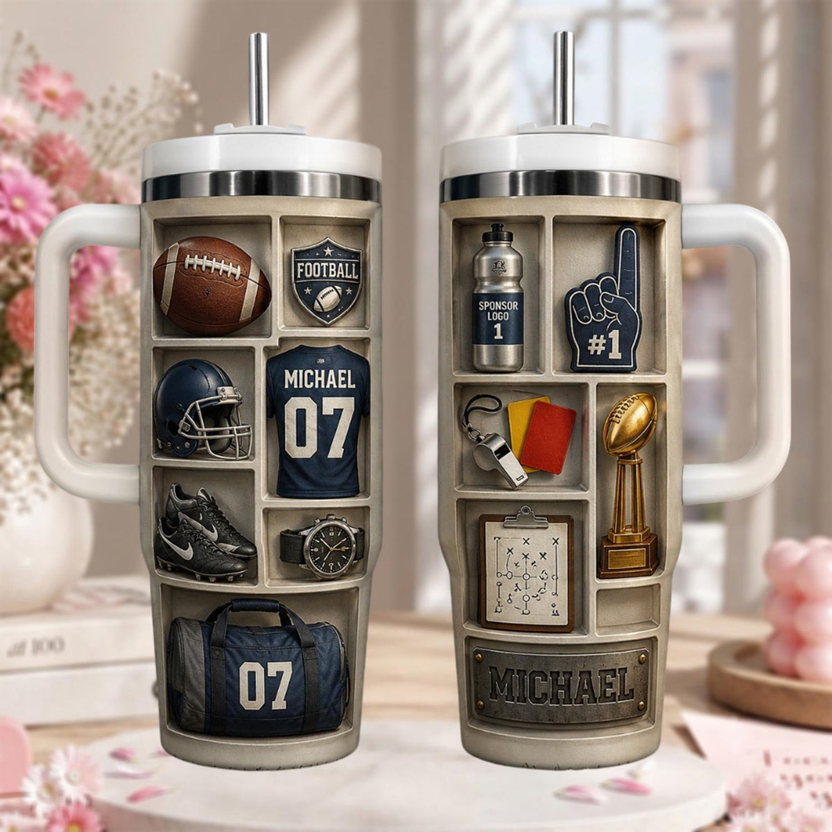 Personalized Football Tumbler 40oz, Custom Coach Gift With Name, Sports Team Cup With Handle, Football Player Gift, Team Mom Tumbler
