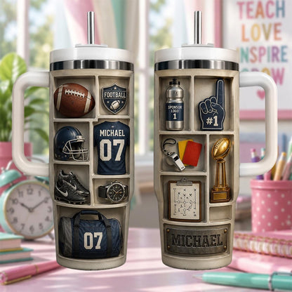 Personalized Football Tumbler 40oz, Custom Coach Gift With Name, Sports Team Cup With Handle, Football Player Gift, Team Mom Tumbler