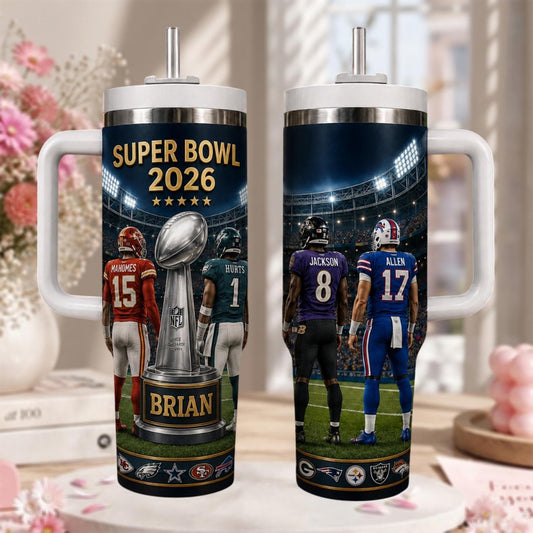 Personalized Football Tumbler 40oz, Custom Football Match 2026 Cup With Name, Football Fan Tumbler With Handle, Game Day Travel Mug