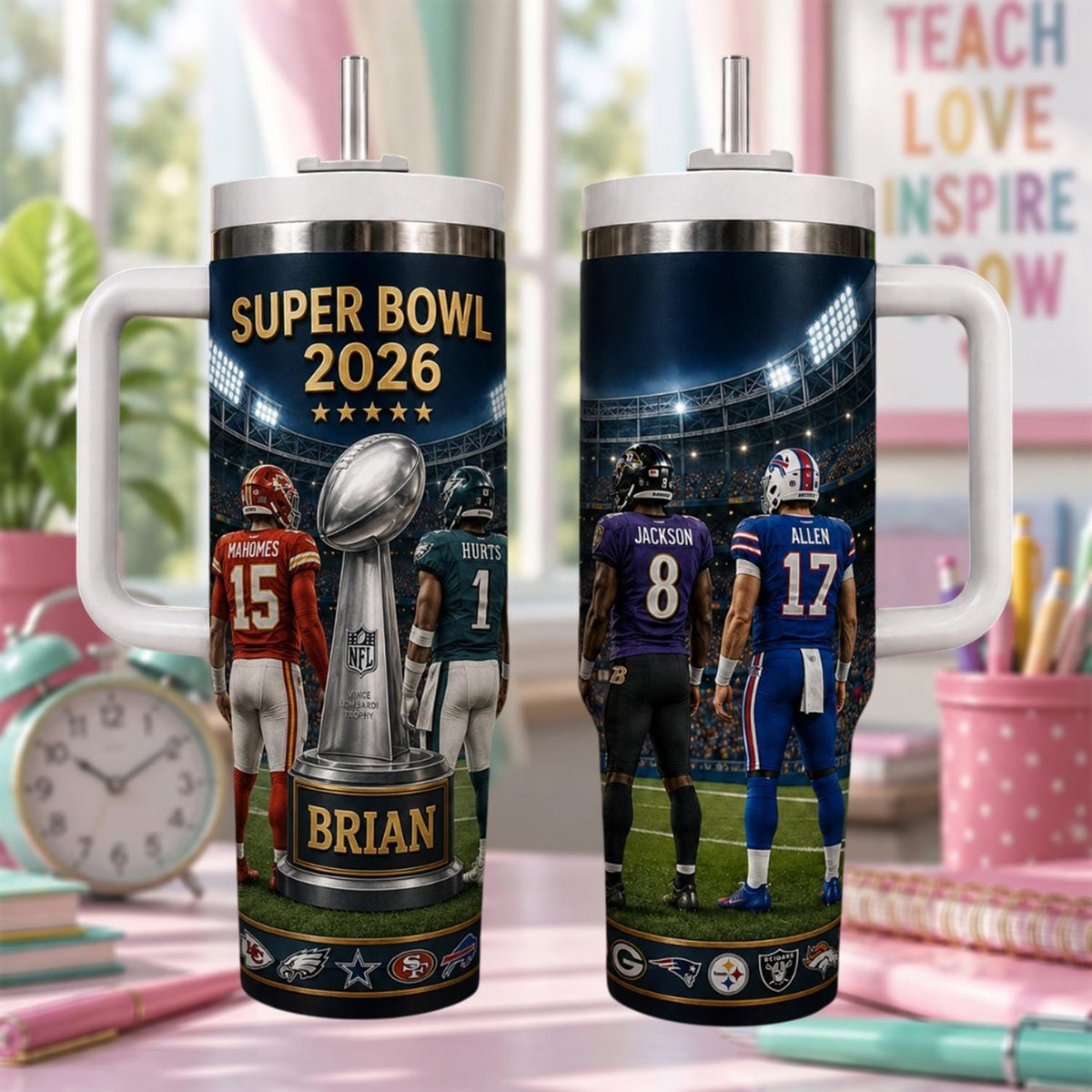 Personalized Football Tumbler 40oz, Custom Football Match 2026 Cup With Name, Football Fan Tumbler With Handle, Game Day Travel Mug