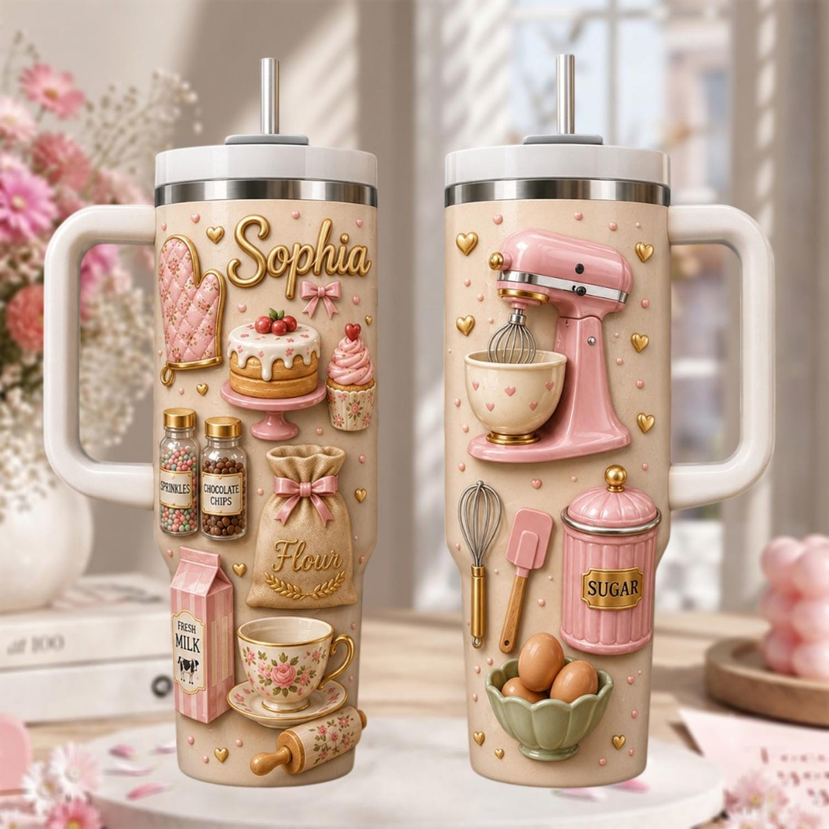 Personalized Baking Tumbler 40oz, Custom Baker Name Cup With Handle, Kitchen Lover Travel Mug, Baking Lover Gift, Baking Accessories