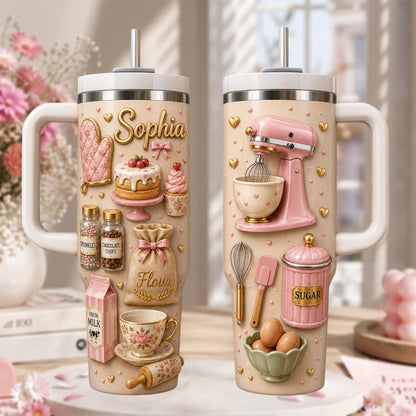 Personalized Baking Tumbler 40oz, Custom Baker Name Cup With Handle, Kitchen Lover Travel Mug, Baking Lover Gift, Baking Accessories
