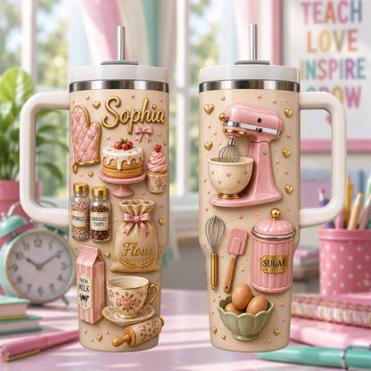 Personalized Baking Tumbler 40oz, Custom Baker Name Cup With Handle, Kitchen Lover Travel Mug, Baking Lover Gift, Baking Accessories