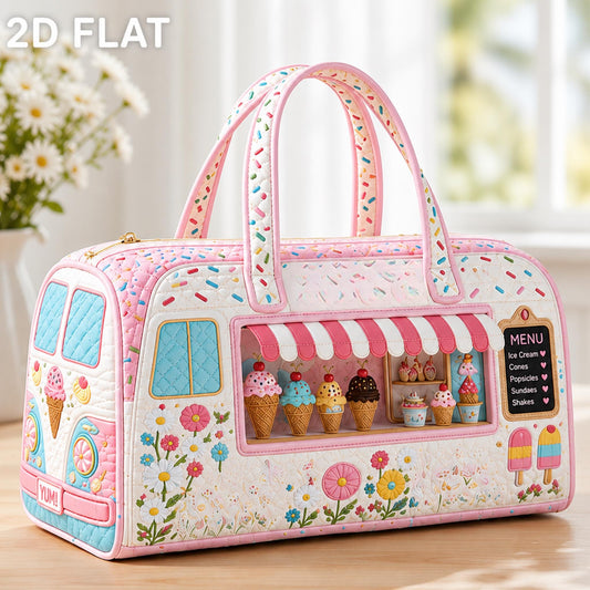 Personalized Ice Cream Van Weekend Bag, Quilted Travel Duffel, Cottagecore Floral Overnight Tote, Custom Vacation Bag, Gift 2026