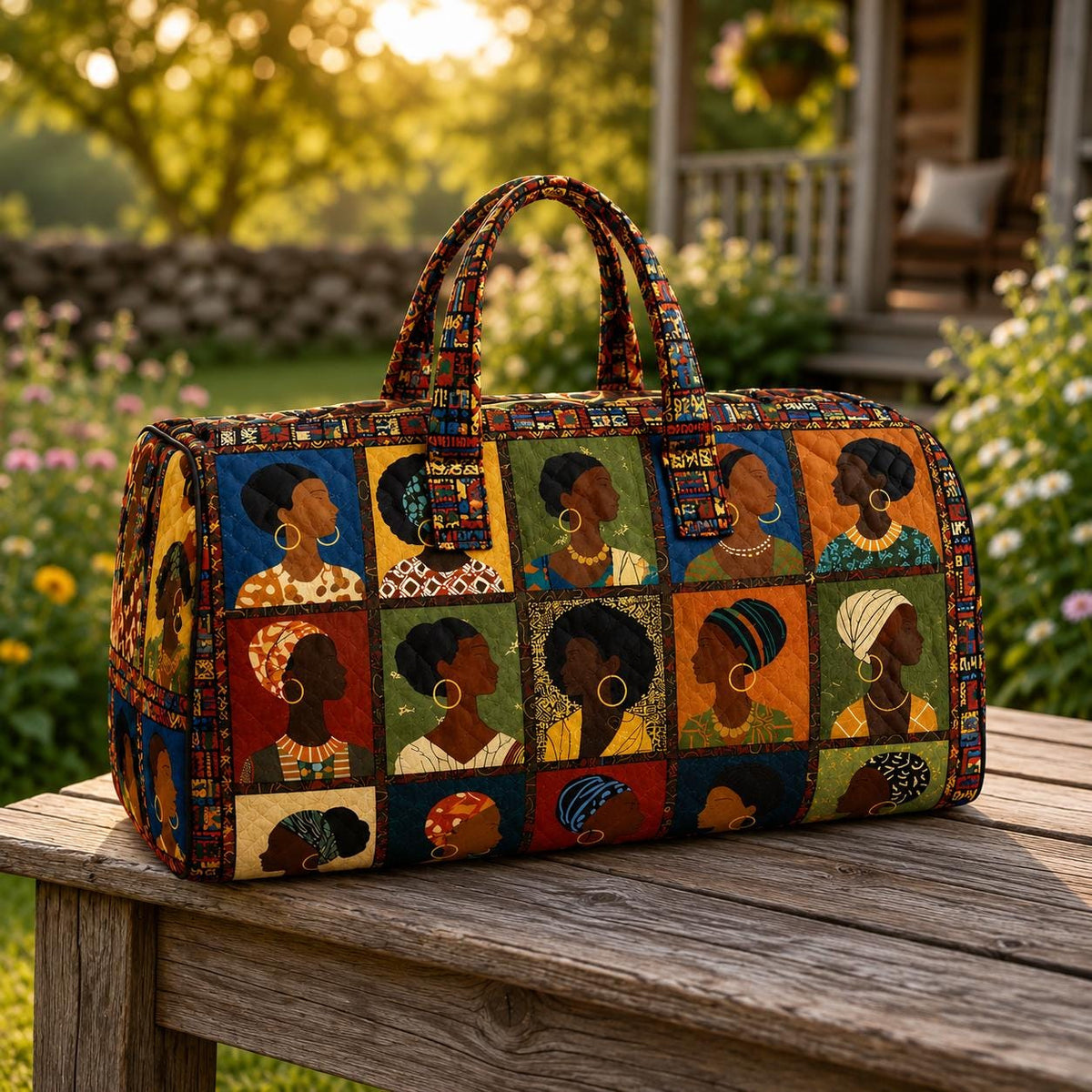 African Queen Quilted Weekend Bag, Black Woman Travel Duffel, Cultural Patchwork Overnight Tote, Gift For Her, Gift 2026