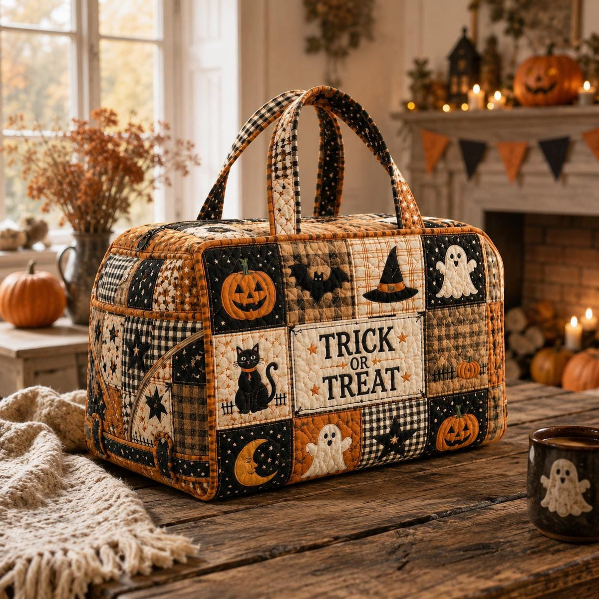 Halloween Quilted Weekend Bag, Patchwork Travel Duffel, Spooky Ghost Pumpkin Overnight Tote, Fall Vacation Bag, Gift 2026