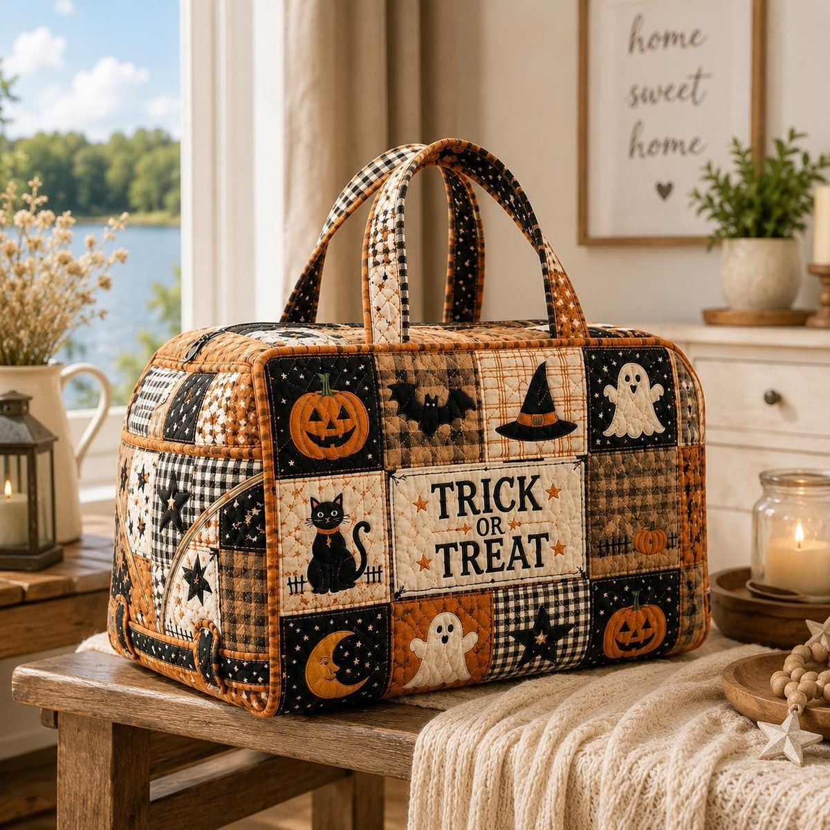 Halloween Quilted Weekend Bag, Patchwork Travel Duffel, Spooky Ghost Pumpkin Overnight Tote, Fall Vacation Bag, Gift 2026
