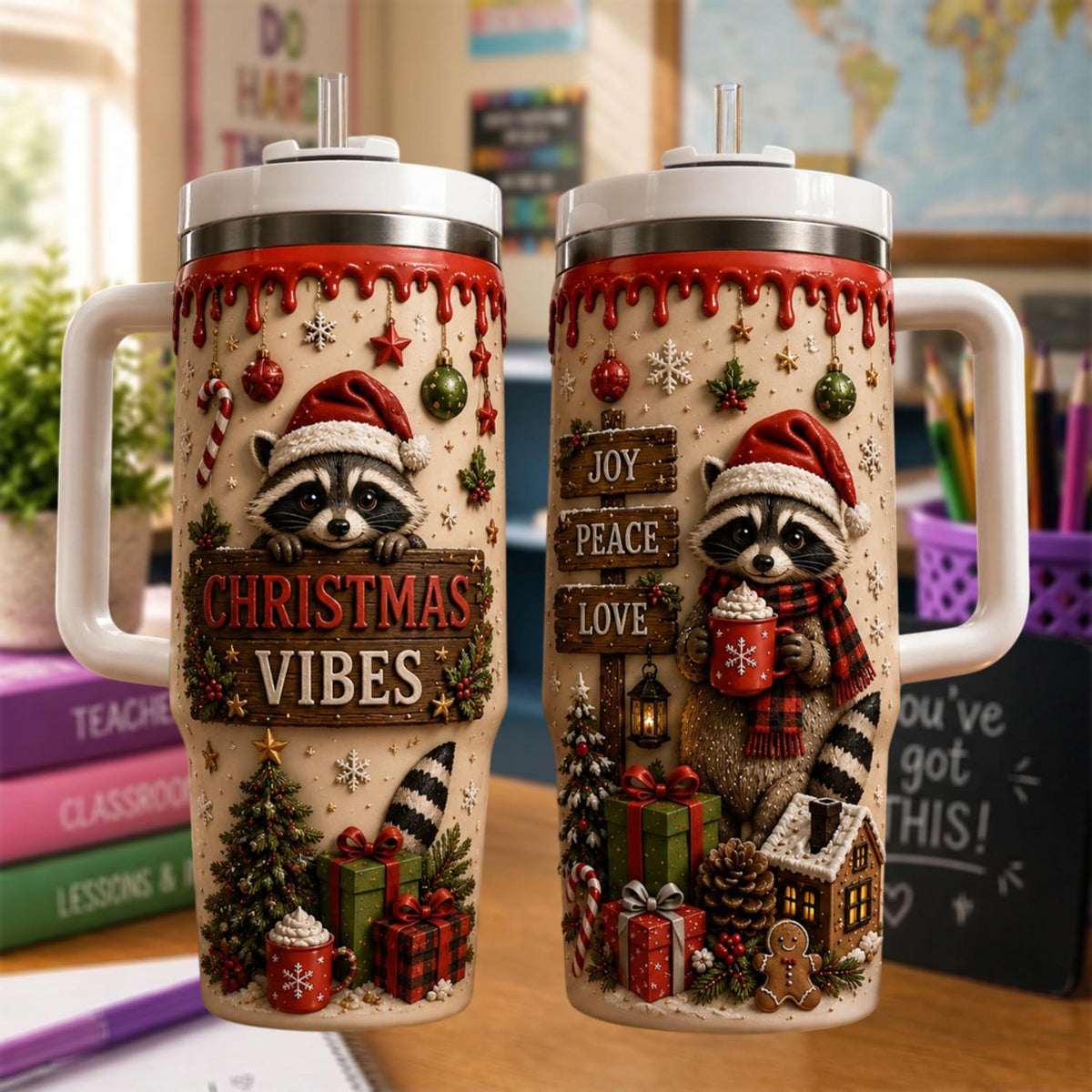 Personalized Christmas Raccoon Tumbler 40oz, Custom Name Cup With Handle, Cute Christmas Tumbler, Holiday Gift For Raccoon Lovers