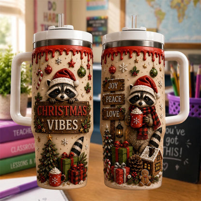 Personalized Christmas Raccoon Tumbler 40oz, Custom Name Cup With Handle, Cute Christmas Tumbler, Holiday Gift For Raccoon Lovers