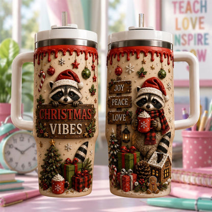 Personalized Christmas Raccoon Tumbler 40oz, Custom Name Cup With Handle, Cute Christmas Tumbler, Holiday Gift For Raccoon Lovers