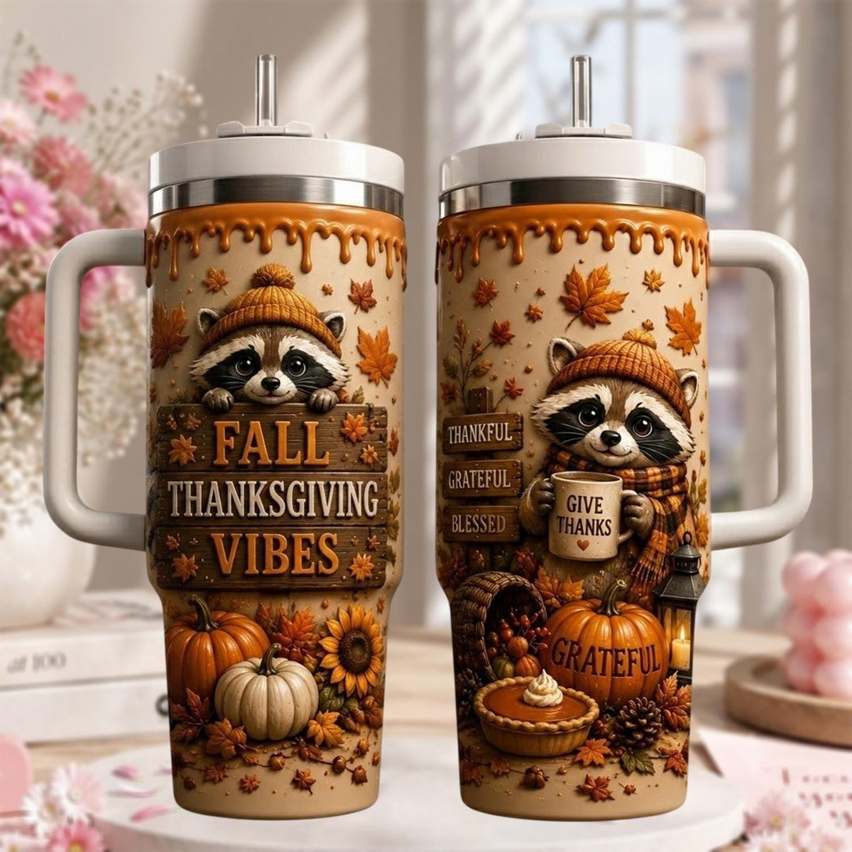 Personalized Thanksgiving Raccoon Tumbler 40oz, Custom Name Cup, Fall Pumpkin Tumbler, Thanksgiving Gift For Raccoon Lovers