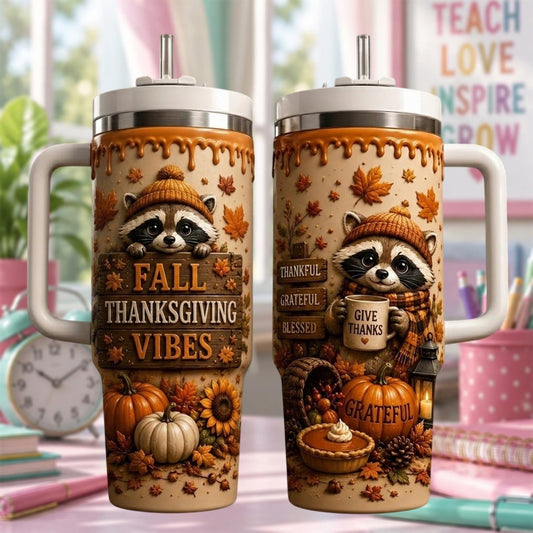 Personalized Thanksgiving Raccoon Tumbler 40oz, Custom Name Cup, Fall Pumpkin Tumbler, Thanksgiving Gift For Raccoon Lovers