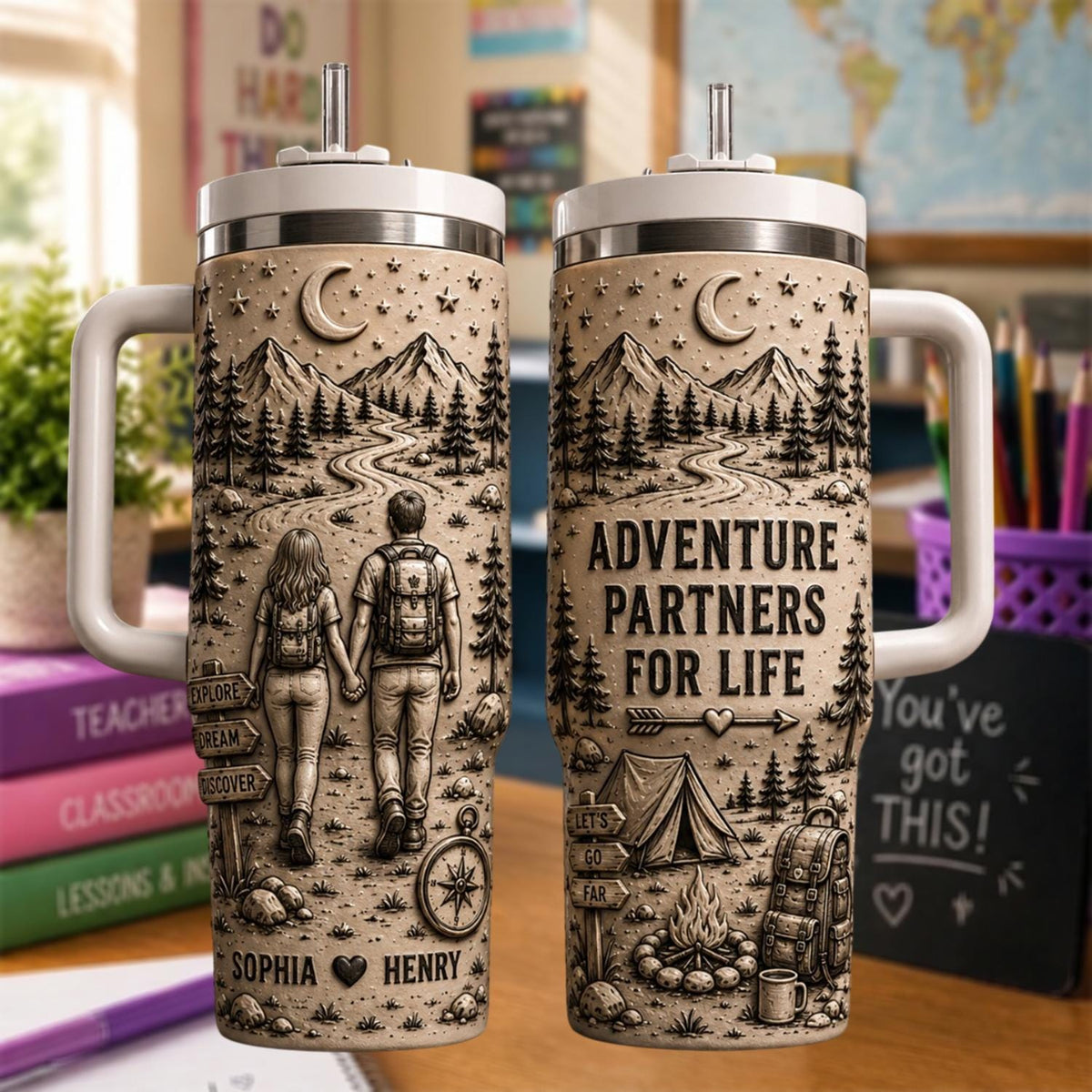 Personalized Adventure Couple Tumbler 40oz, Custom Couple Name Cup, Camping Travel Tumbler, Anniversary Gift For Couples