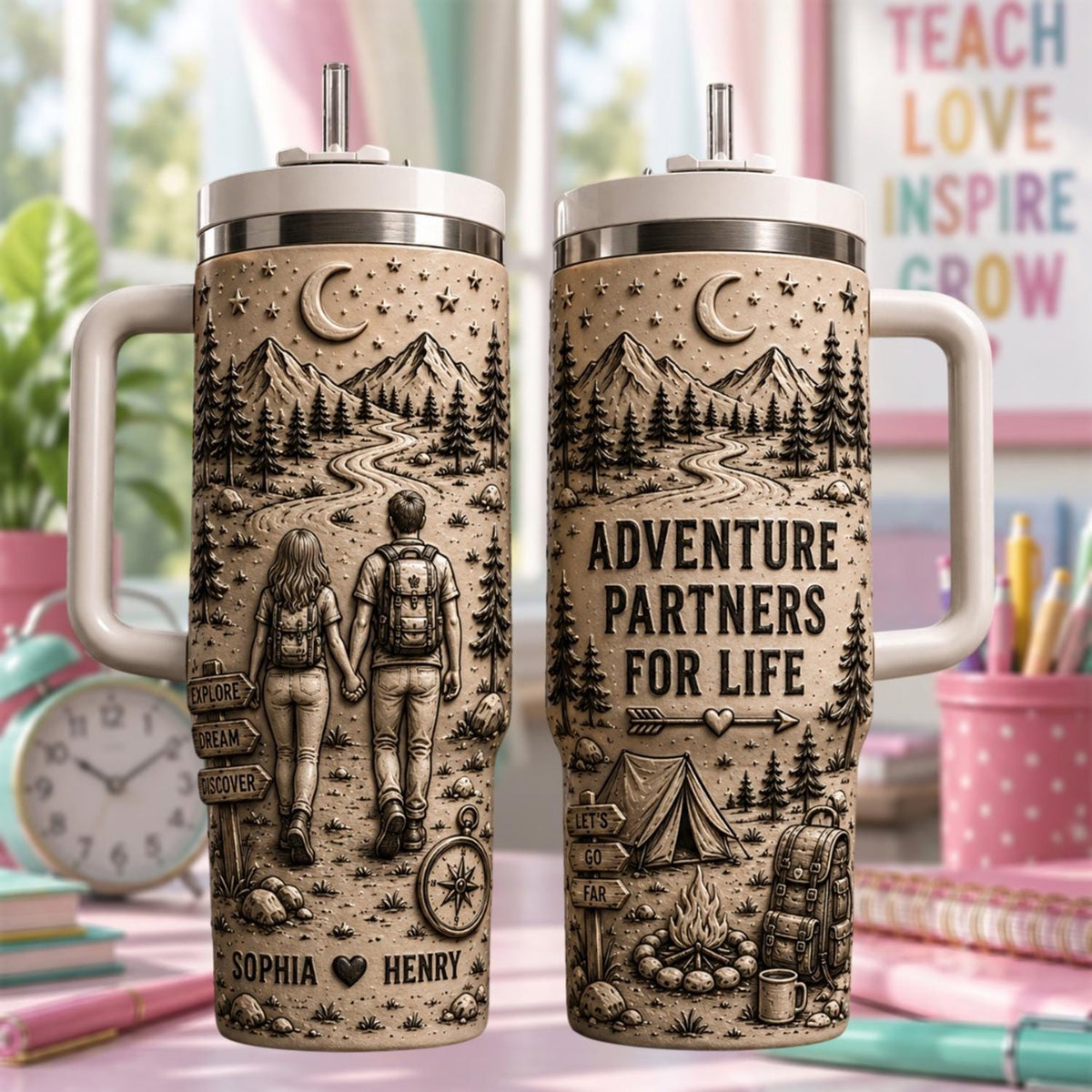 Personalized Adventure Couple Tumbler 40oz, Custom Couple Name Cup, Camping Travel Tumbler, Anniversary Gift For Couples