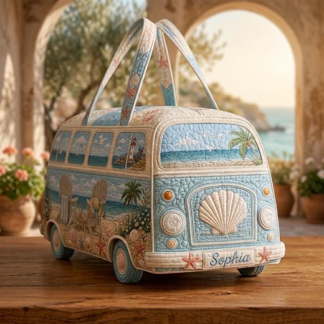 Quilted Weekend Bag Gift 2026, Coastal Camper Travel Duffel, Beach Van Carryall, Ocean Print Handbag, Summer Vacation Bag, Seaside Gift