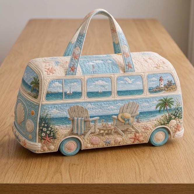 Quilted Weekend Bag Gift 2026, Coastal Camper Travel Duffel, Beach Van Carryall, Ocean Print Handbag, Summer Vacation Bag, Seaside Gift