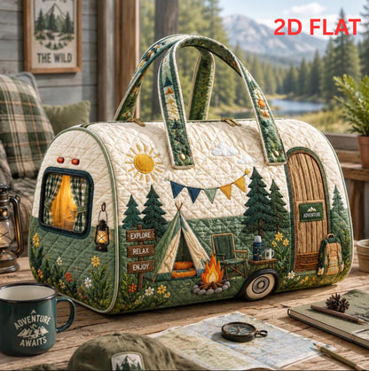 Quilted Camping Weekender Duffel — Adventure Forest Cabin Overnight Travel Bag