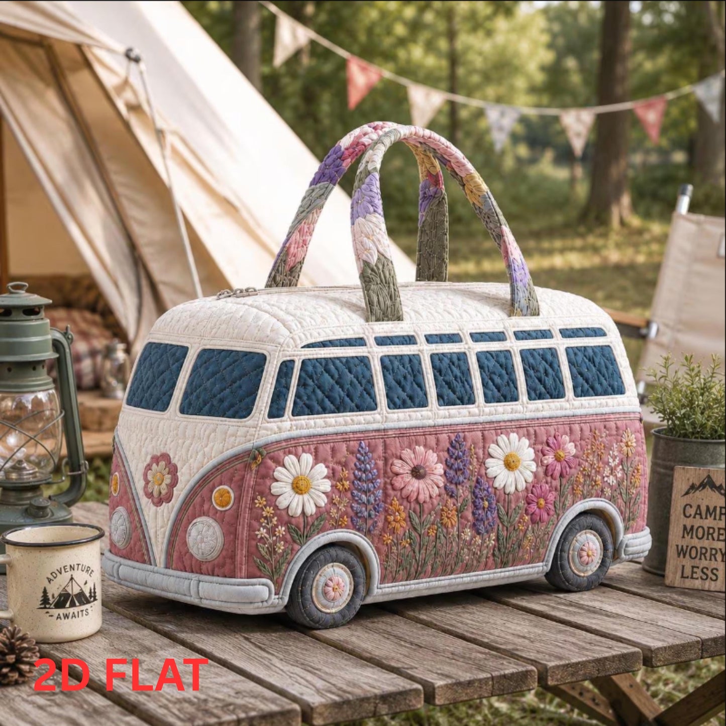 Camper Van Quilted Travel Tote — Floral Lake Trip Carryall Bag