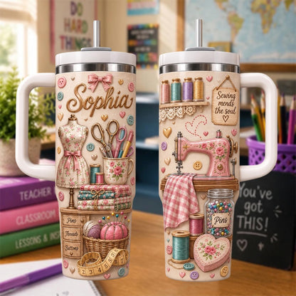 Personalized Sewing Tumbler 40oz, Custom Sewing Name Cup With Handle, Quilter Gift, Seamstress Travel Mug, Sewing Lover Gift