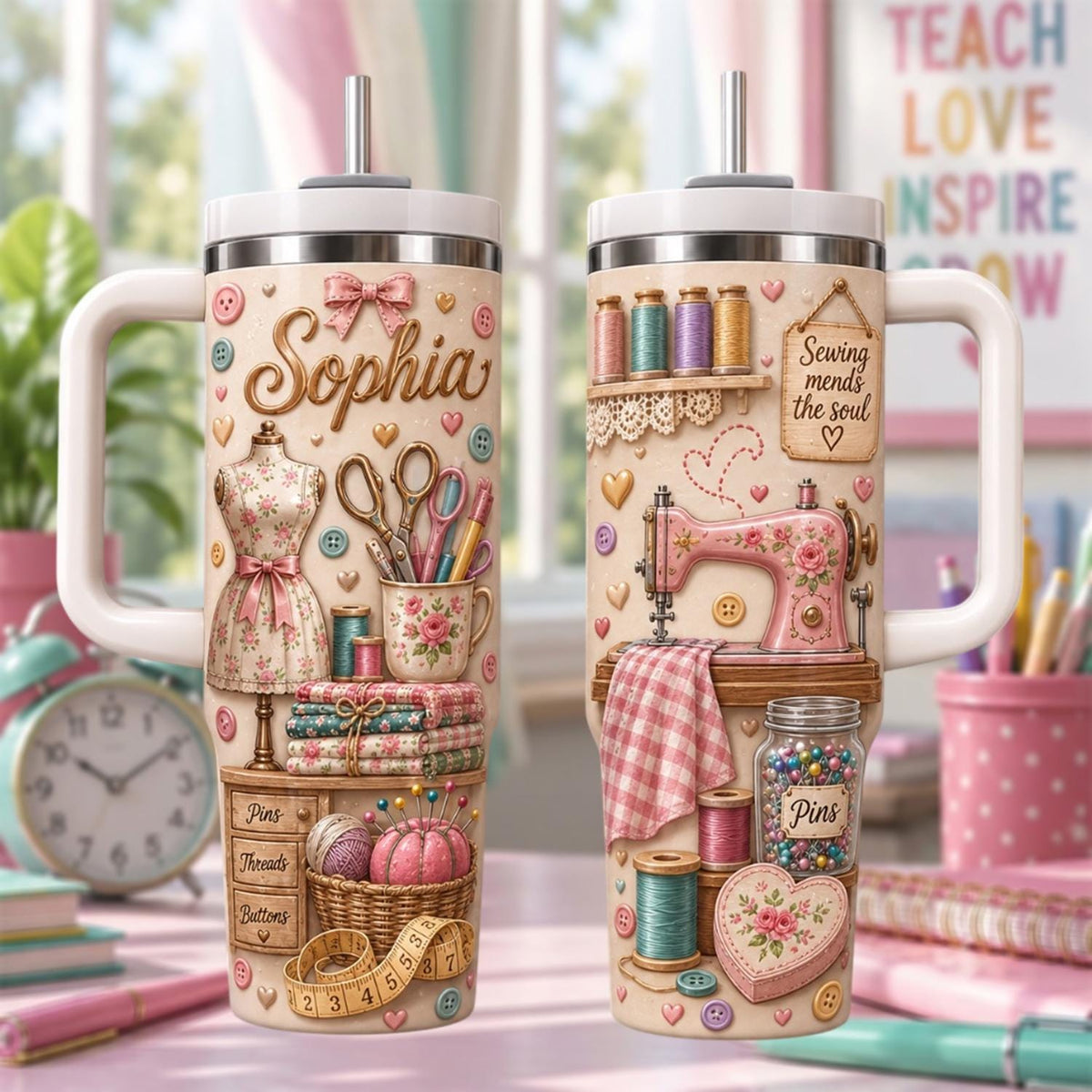 Personalized Sewing Tumbler 40oz, Custom Sewing Name Cup With Handle, Quilter Gift, Seamstress Travel Mug, Sewing Lover Gift