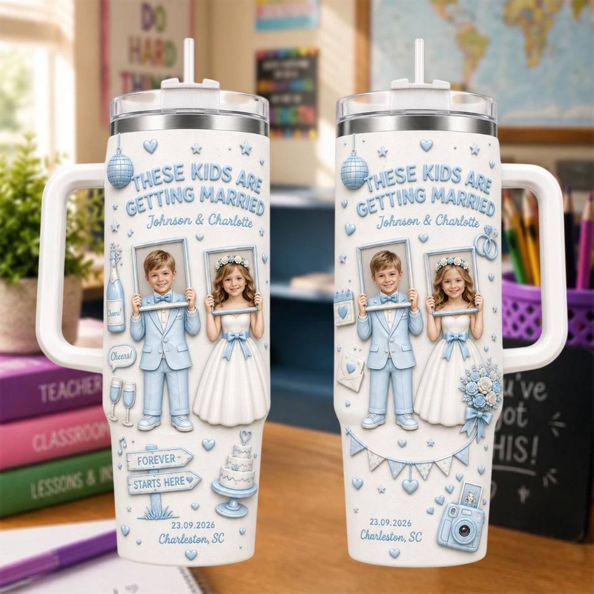 Personalized Photo And Color Couple Wedding Tumbler 40oz, Custom Kids Getting Married Cup With Handle, Wedding Party Keepsake