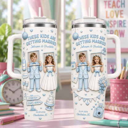 Personalized Photo And Color Couple Wedding Tumbler 40oz, Custom Kids Getting Married Cup With Handle, Wedding Party Keepsake