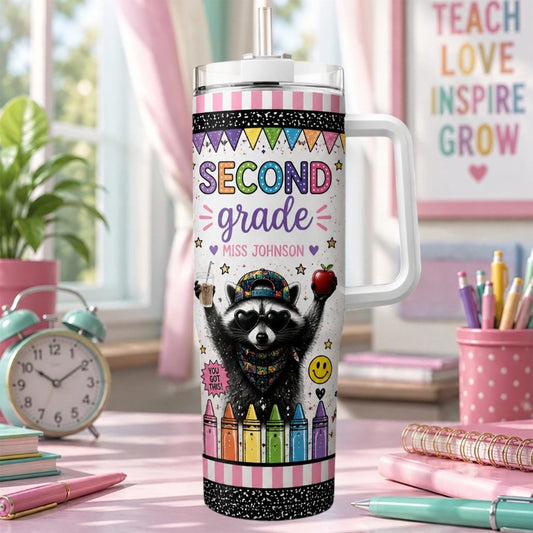 Personalized Teacher Raccoon Tumbler 40oz, Custom Grade Teacher Cup With Handle, Back To School Tumbler, Teacher Appreciation Gift
