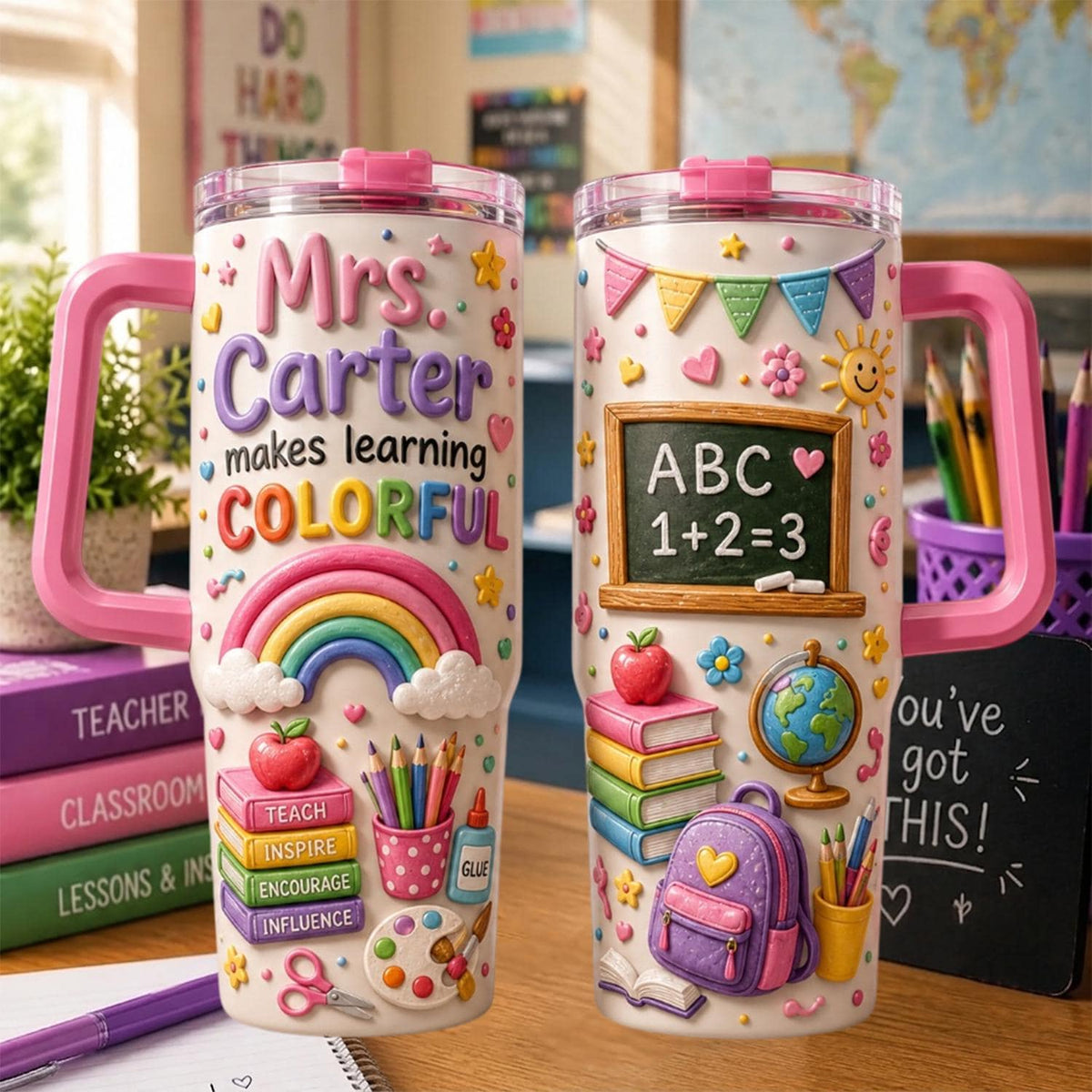 Personalized Teacher 3d Effect Tumbler 40oz, Custom Teacher Name Cup With Handle, Rainbow School Tumbler, Teacher Appreciation Gift