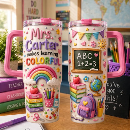 Personalized Teacher 3d Effect Tumbler 40oz, Custom Teacher Name Cup With Handle, Rainbow School Tumbler, Teacher Appreciation Gift