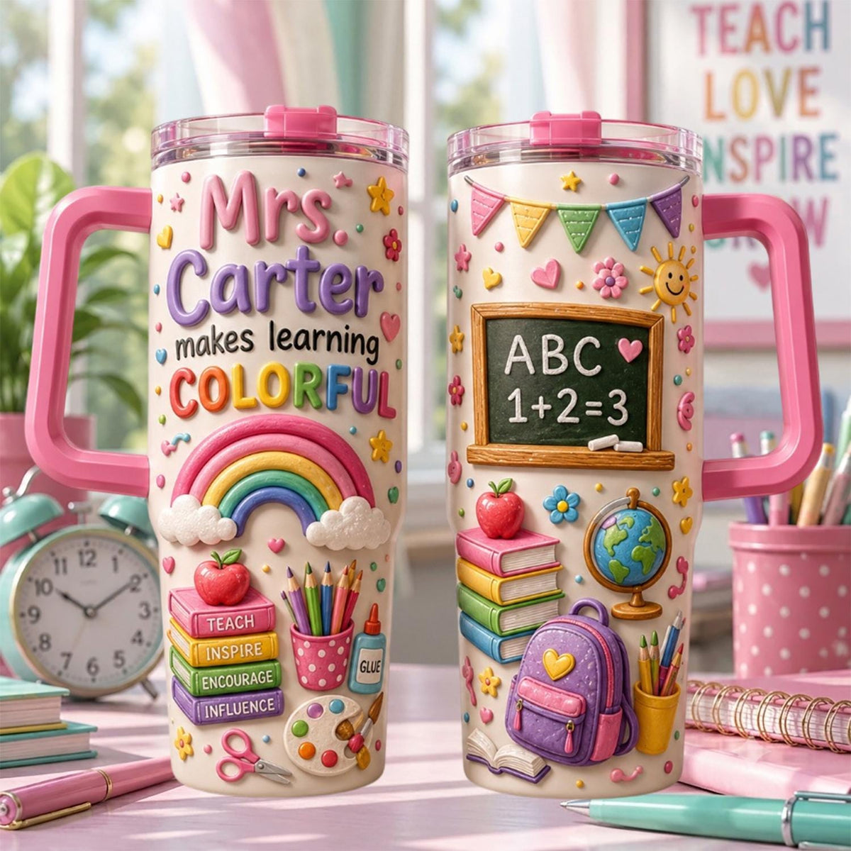 Personalized Teacher 3d Effect Tumbler 40oz, Custom Teacher Name Cup With Handle, Rainbow School Tumbler, Teacher Appreciation Gift