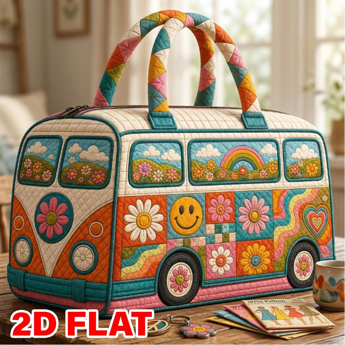 Retro Flower Power Quilted Weekend Bag — Groovy Camper Rainbow Travel Duffel