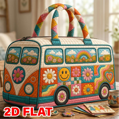 Retro Flower Power Quilted Weekend Bag — Groovy Camper Rainbow Travel Duffel