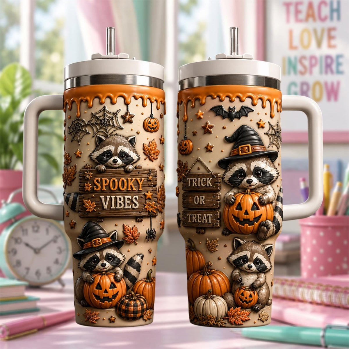 Personalized Halloween Raccoon Tumbler 40oz, Custom Spooky Vibes Cup With Handle, Pumpkin Raccoon Tumbler, Trick Or Treat Gift