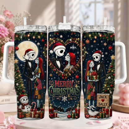Personalized Horror Couple Tumbler 40oz, Custom Christmas Couple Cup With Handle, Merry Christmas Tumbler, Nightmare Holiday Gift