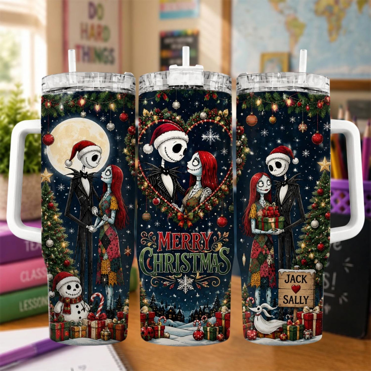Personalized Horror Couple Tumbler 40oz, Custom Christmas Couple Cup With Handle, Merry Christmas Tumbler, Nightmare Holiday Gift
