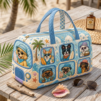 Dog Beach Quilted Weekend Bag — Coastal Surfing Puppy Travel Duffel