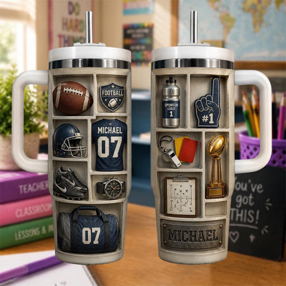 Personalized Football Tumbler 40oz, Custom Coach Gift With Name, Sports Team Cup With Handle, Football Player Gift, Team Mom Tumbler