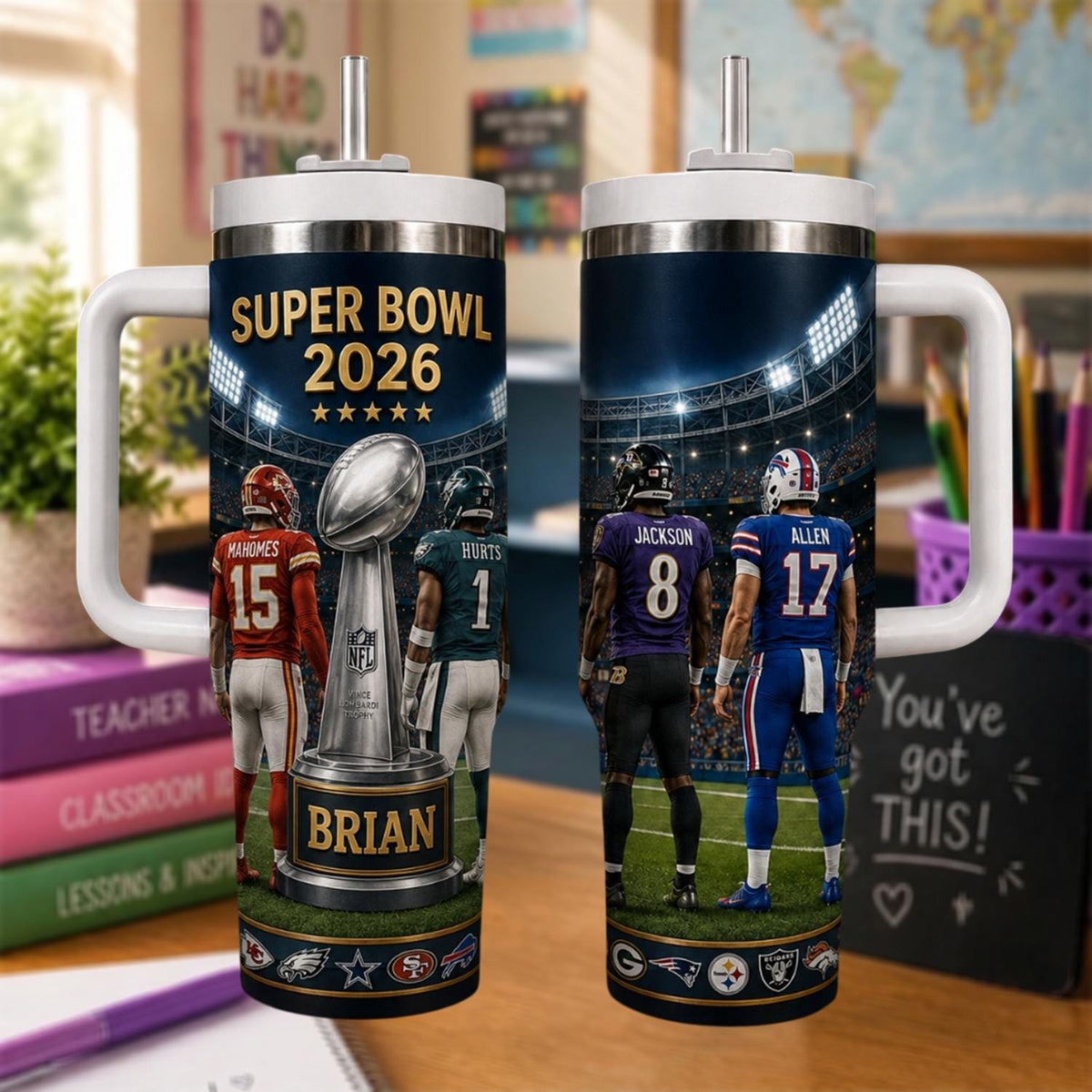 Personalized Football Tumbler 40oz, Custom Football Match 2026 Cup With Name, Football Fan Tumbler With Handle, Game Day Travel Mug