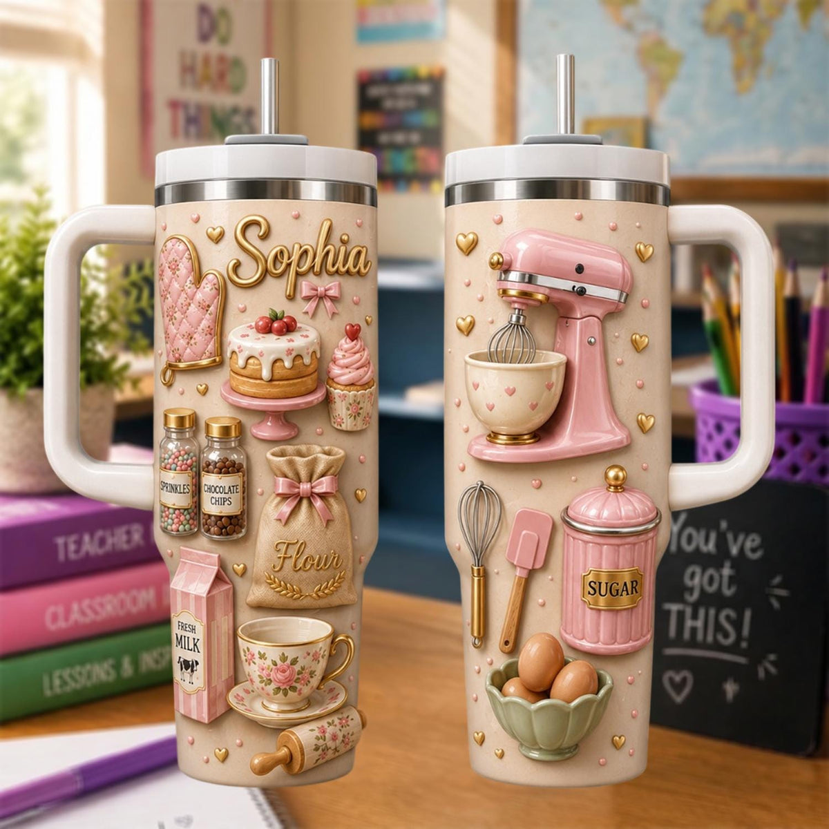 Personalized Baking Tumbler 40oz, Custom Baker Name Cup With Handle, Kitchen Lover Travel Mug, Baking Lover Gift, Baking Accessories