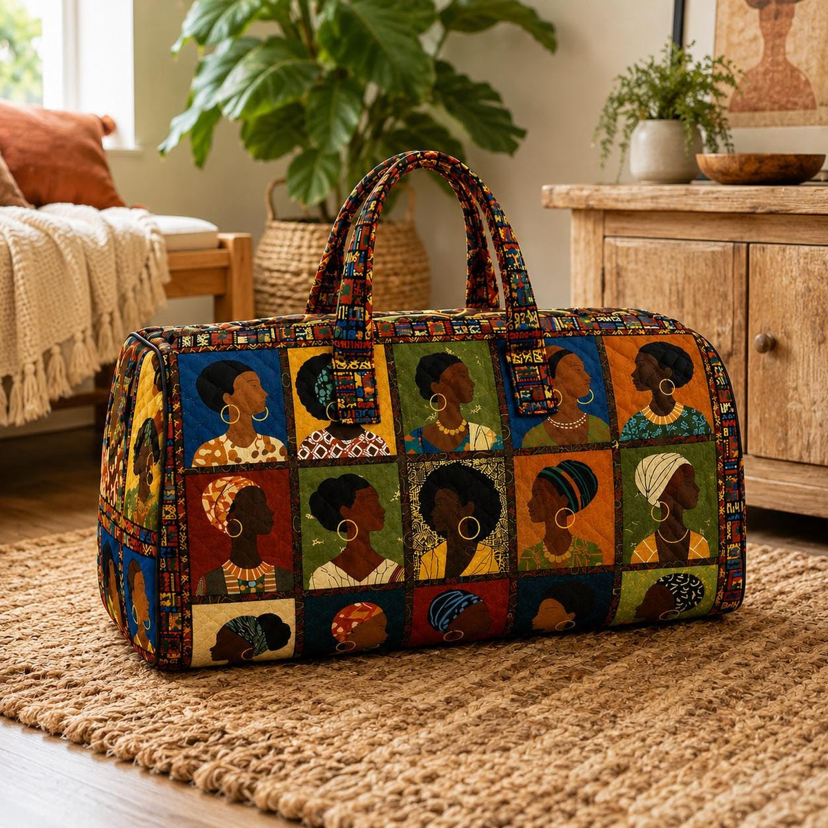 African Queen Quilted Weekend Bag, Black Woman Travel Duffel, Cultural Patchwork Overnight Tote, Gift For Her, Gift 2026