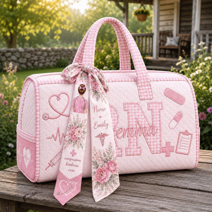 Personalized Nurse Weekend Bag Set, Quilted Travel Duffel With Hair Scarf, Custom Floral Gift For Her, Gift 2026, Overnight Tote