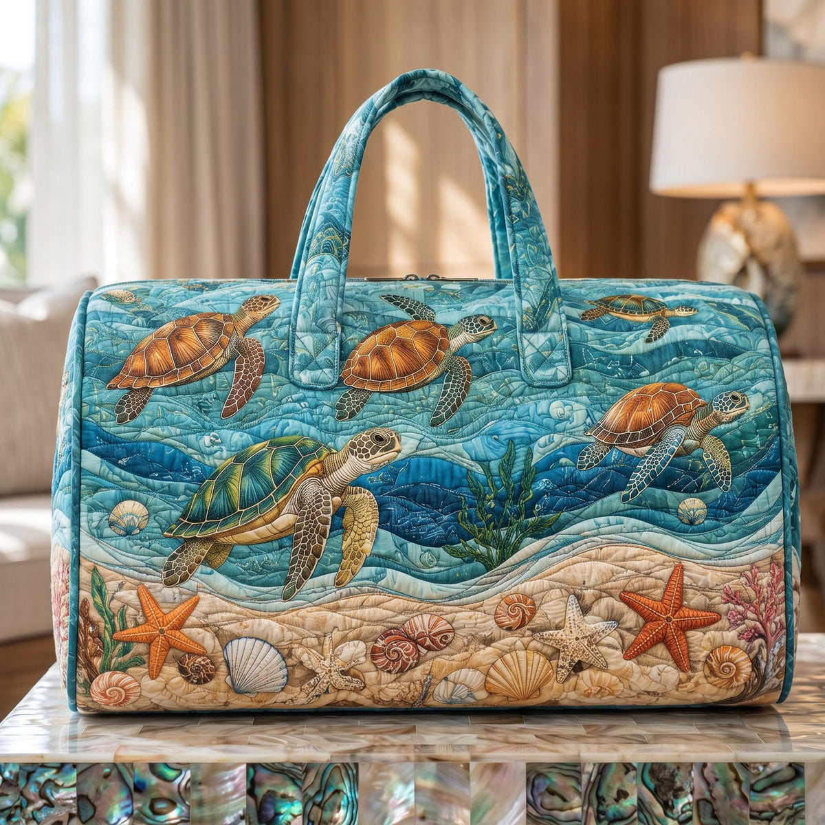 Personalized Sea Turtle Quilted Duffel Bag, Ocean Travel Weekender, Beach Overnight Tote, Coastal Lover Custom Gift, Gift 2026