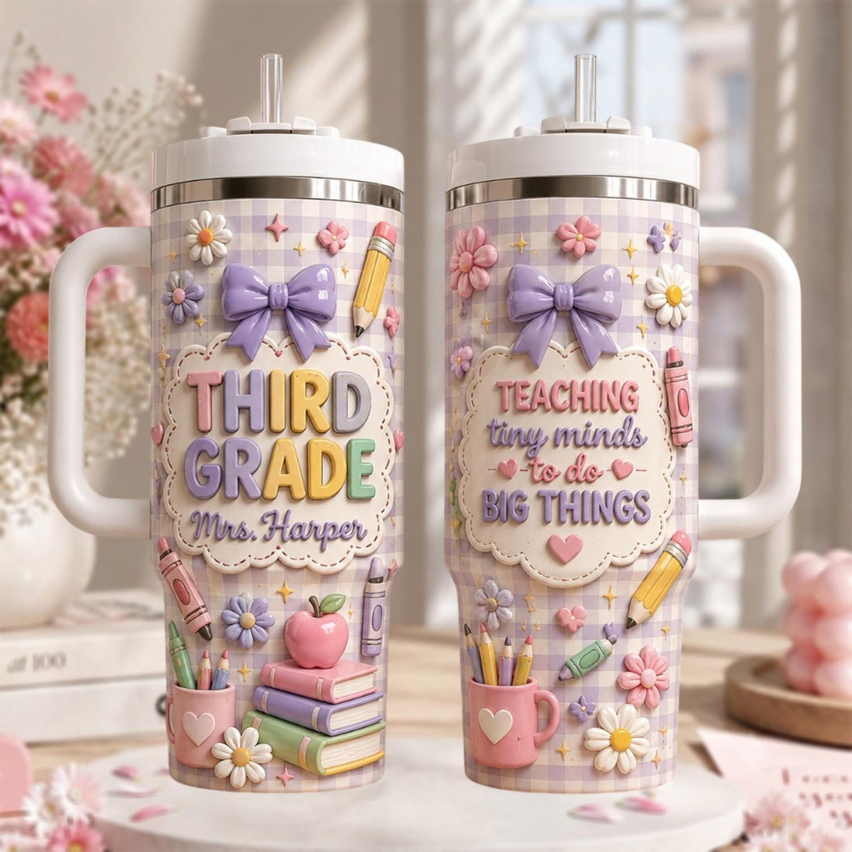 Personalized Grade Teacher Tumbler 40oz, Custom Teacher Name Cup With Handle, Back To School Gift, Teacher Appreciation Mug