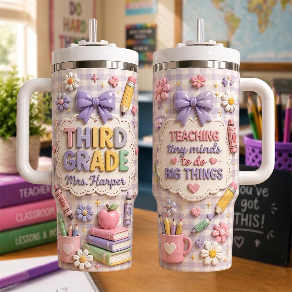 Personalized Grade Teacher Tumbler 40oz, Custom Teacher Name Cup With Handle, Back To School Gift, Teacher Appreciation Mug