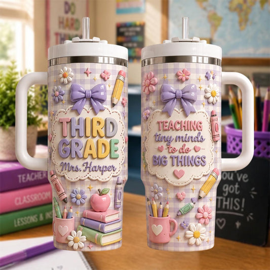 Personalized Grade Teacher Tumbler 40oz, Custom Teacher Name Cup With Handle, Back To School Gift, Teacher Appreciation Mug