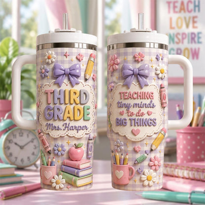 Personalized Grade Teacher Tumbler 40oz, Custom Teacher Name Cup With Handle, Back To School Gift, Teacher Appreciation Mug